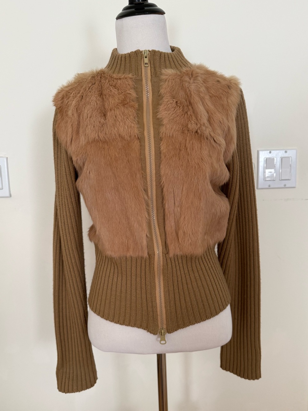 Sharagano Fur-Front Ribbed Zip Jacket - Camel